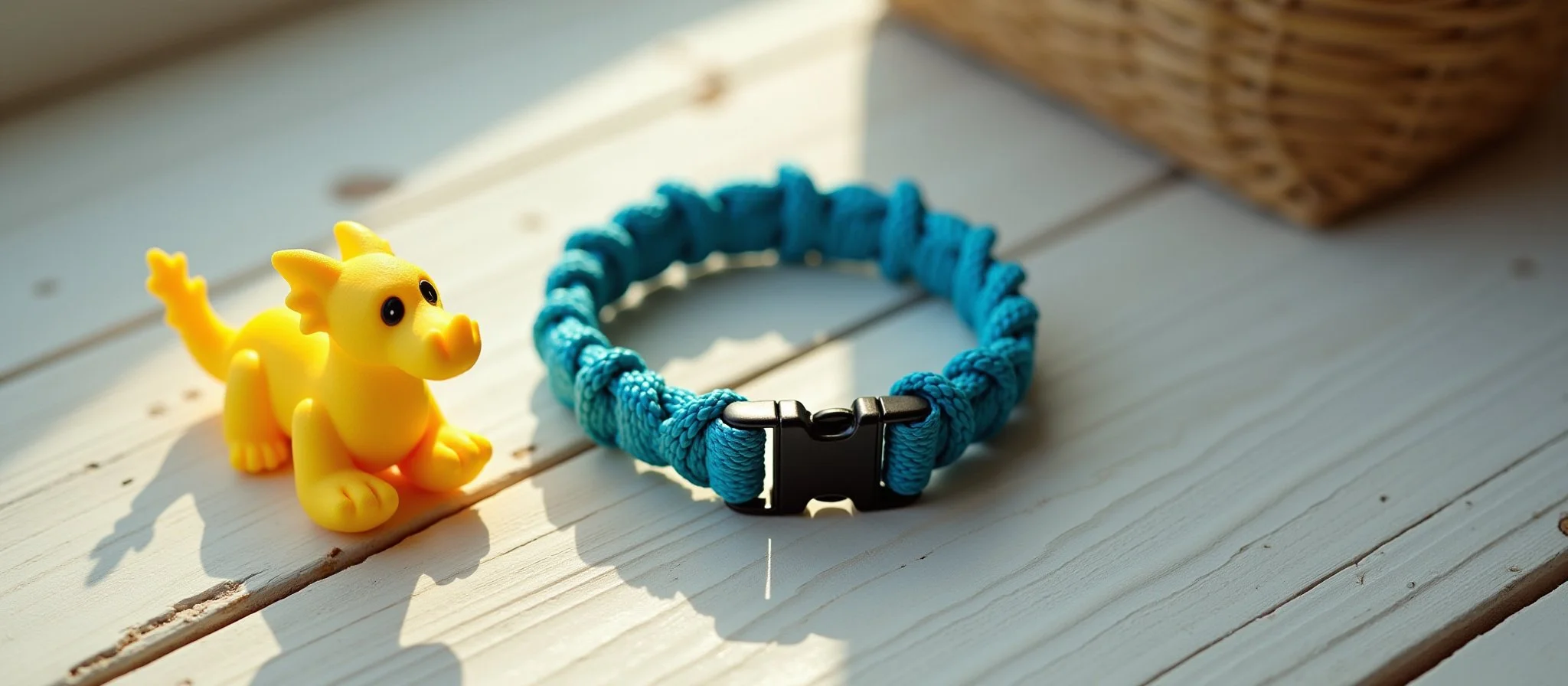 Yellow toy dog with black eyes next to a blue woven bracelet with black clasp on a white wooden surface.