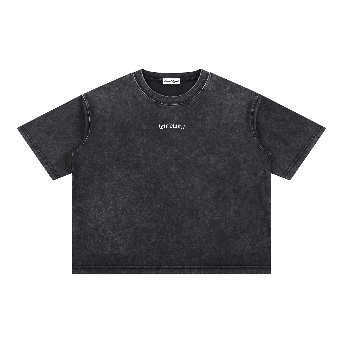 Dark gray, acid wash T-shirt with the words "let’s emo:t" embroidered in white on the chest.