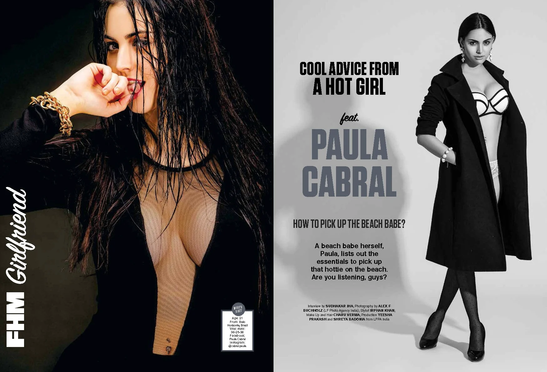 Magazine spread featuring a woman on the left with wet hair, wearing a black outfit with a plunging neckline, gold jewelry on her wrist, and her hand near her face. On the right, a black and white image of a woman in a black coat, lingerie, and high 