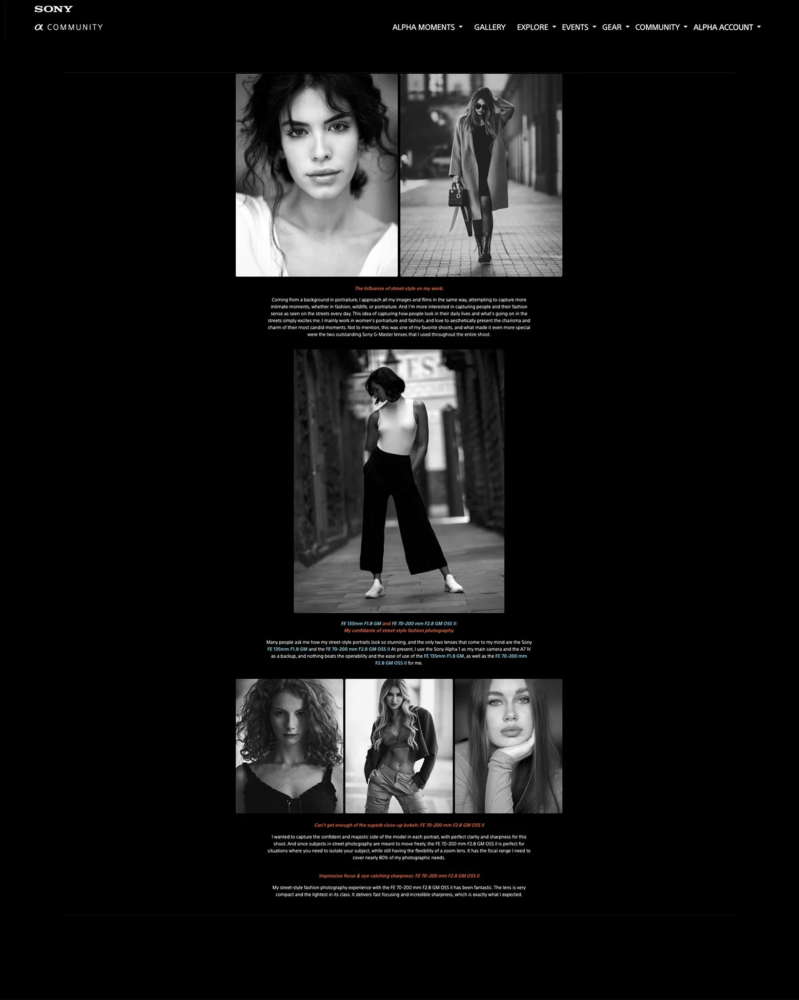 Webpage featuring black and white fashion photography of women, with images of models posing and walking outdoors, accompanied by descriptive text about camera lenses and photography techniques.
