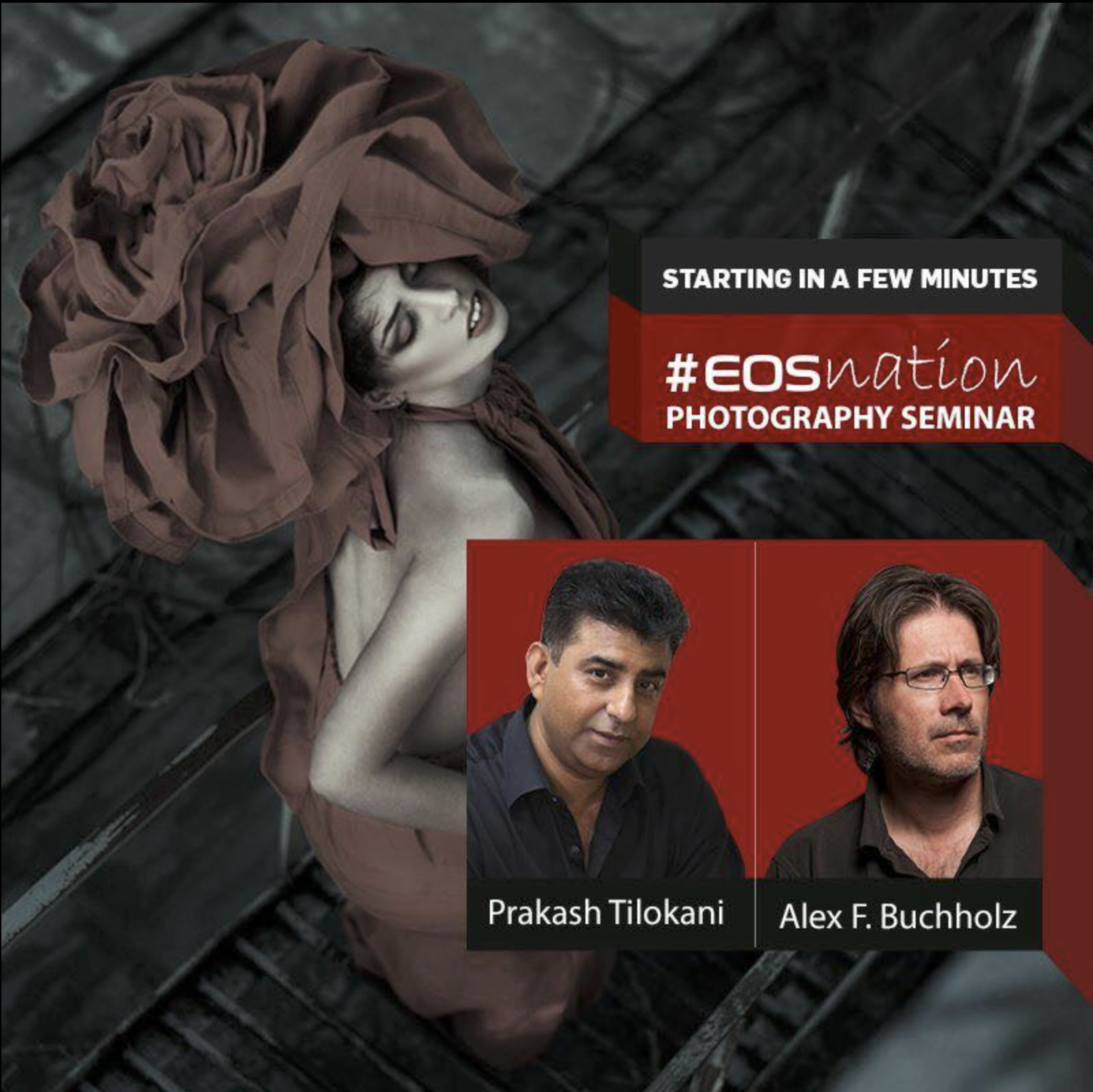A woman with dark hair and dramatic makeup lying on a wooden floor, wearing a large, brown, ruffled hat and a matching dress. Overlaid text promotes an EOS photography seminar with speakers Prakash Tilokani and Alex F. Buchholz.
