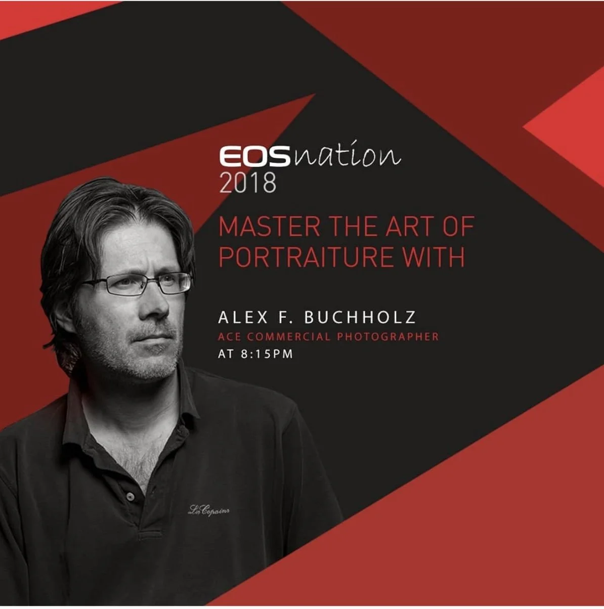 Promotional poster for EOSnation 2018 workshop on portraiture featuring Alex F. Buchholz, a professional photographer, scheduled at 8:15 PM.