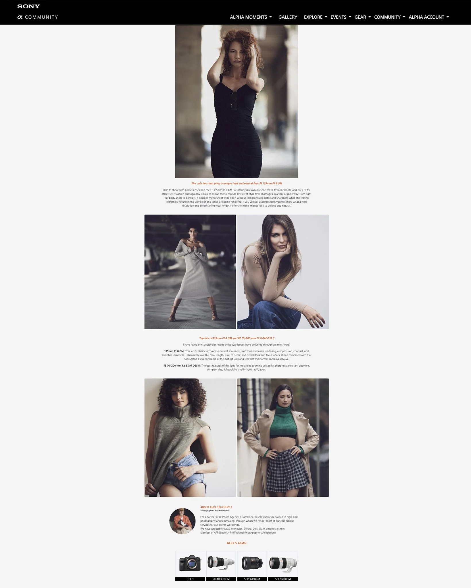 Fashion photographer's website showcasing a series of portraits of women in various outfits and settings, with a black navigation bar at the top and camera gear at the bottom.