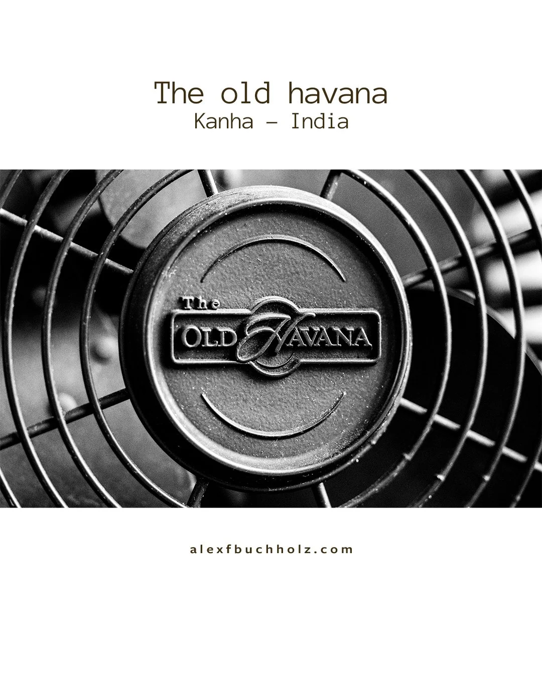 Black and white close-up of a vintage fan with the label "The Old Havana" in the center.
