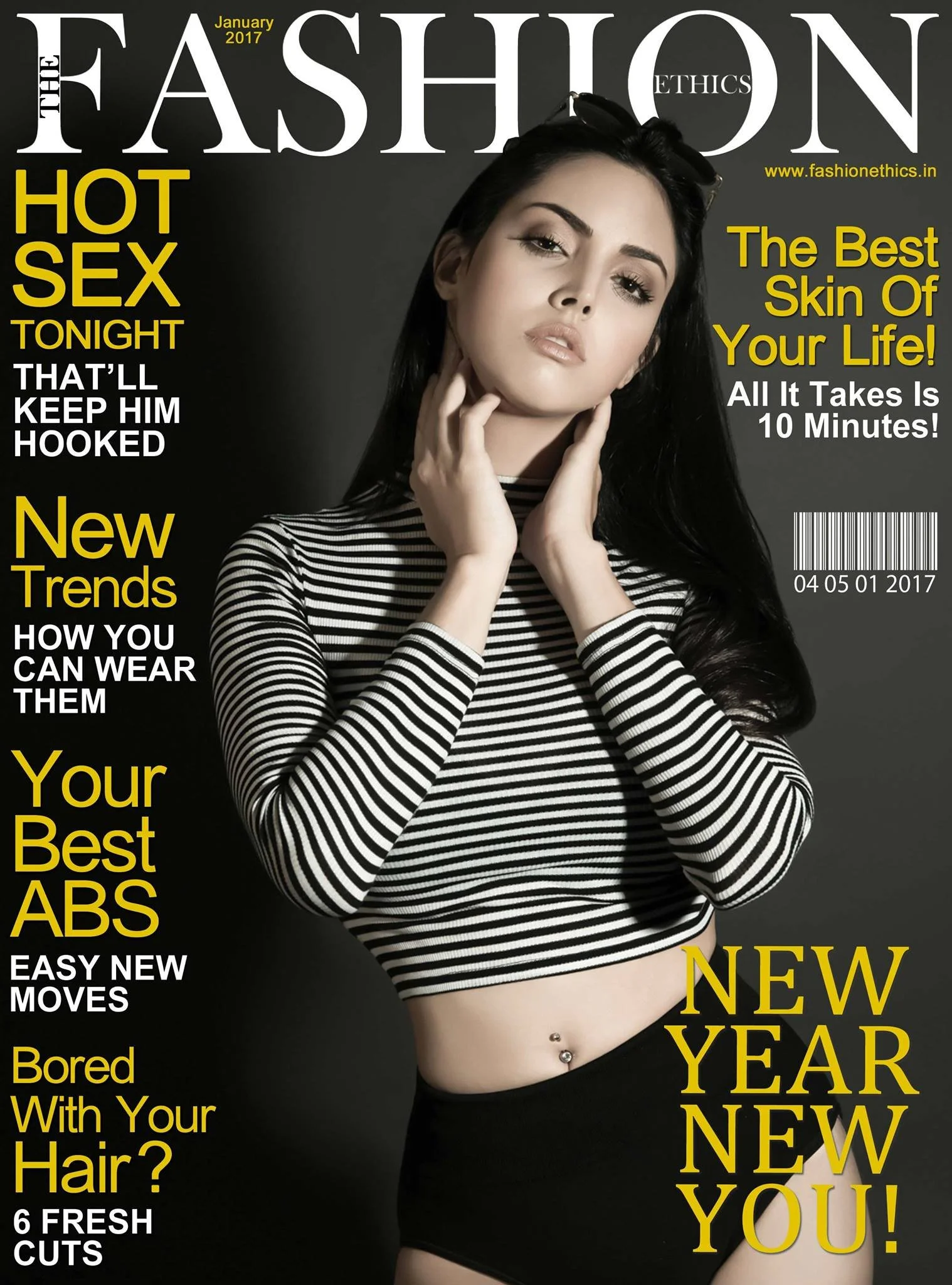 Magazine cover titled 'The Fashion Ethics', January 2017, featuring a woman with long black hair, wearing a black and white striped crop top and a black skirt, posing with her hand on her face against a dark background. The cover includes headlines a