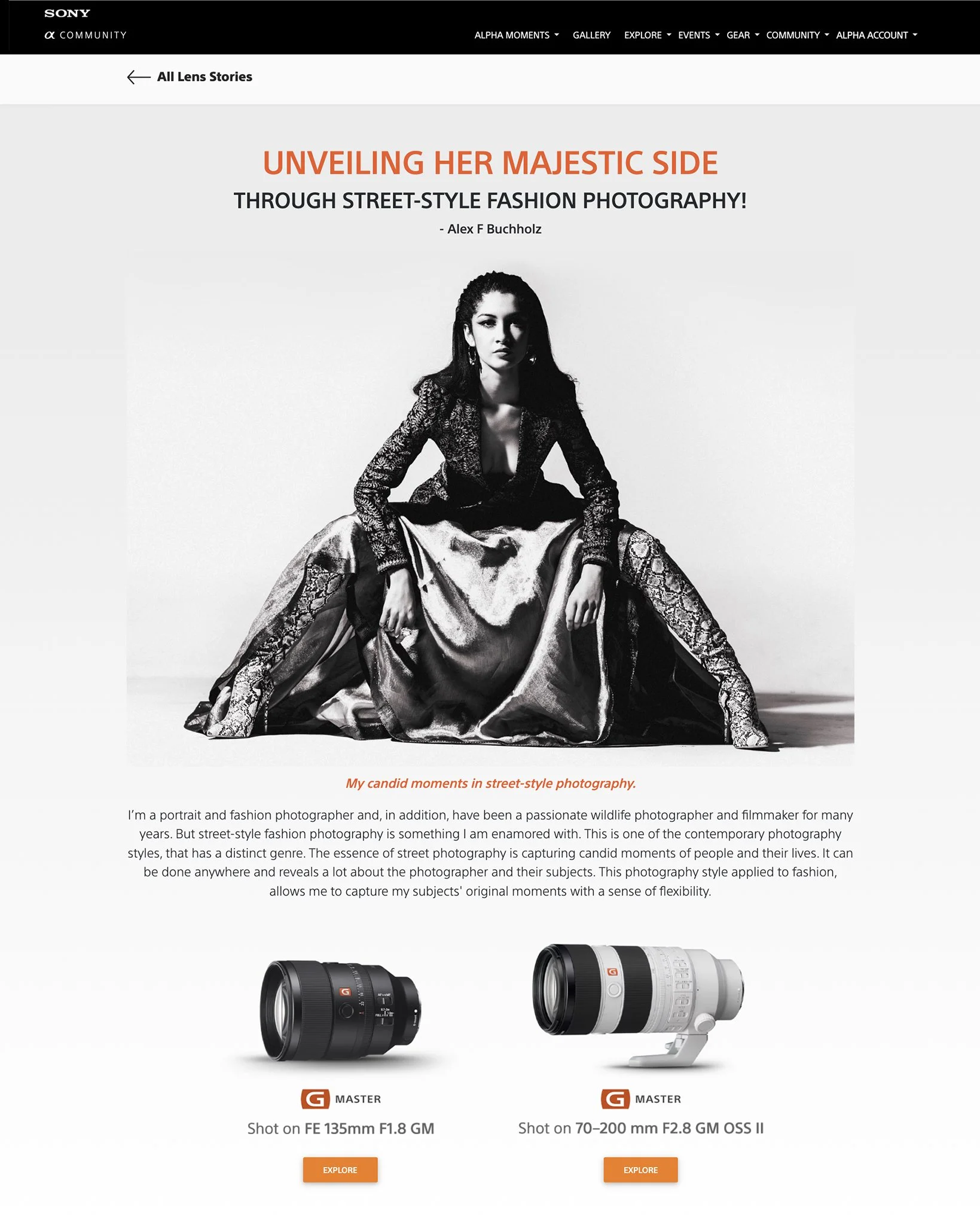 Black and white street-style fashion photograph of a woman sitting on the floor with her legs spread, wearing a patterned jacket and a full-length skirt. The webpage title is 'Unveiling Her Majestic Side' and features camera lenses at the bottom.