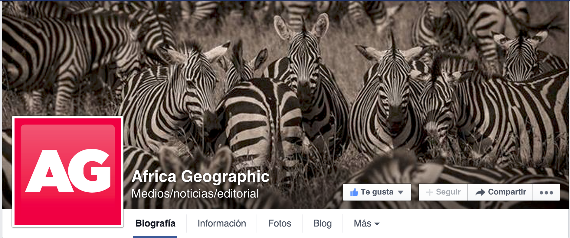 Facebook cover photo of a herd of zebras in the wild, with the Africa Geographic logo in red and white on the profile picture.
