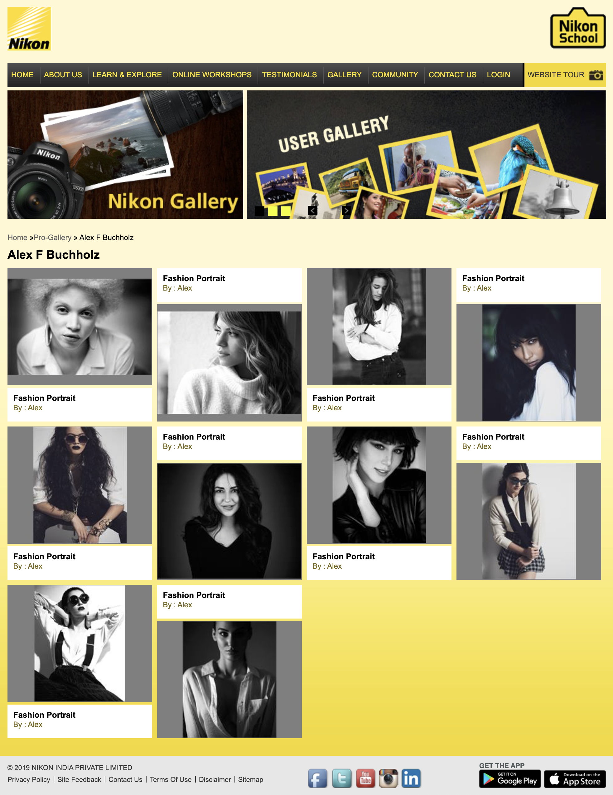 Screenshot of a Nikon School webpage featuring a gallery of black and white and color fashion portrait photographs of a female model, with a Nikon camera and photos in a header banner.