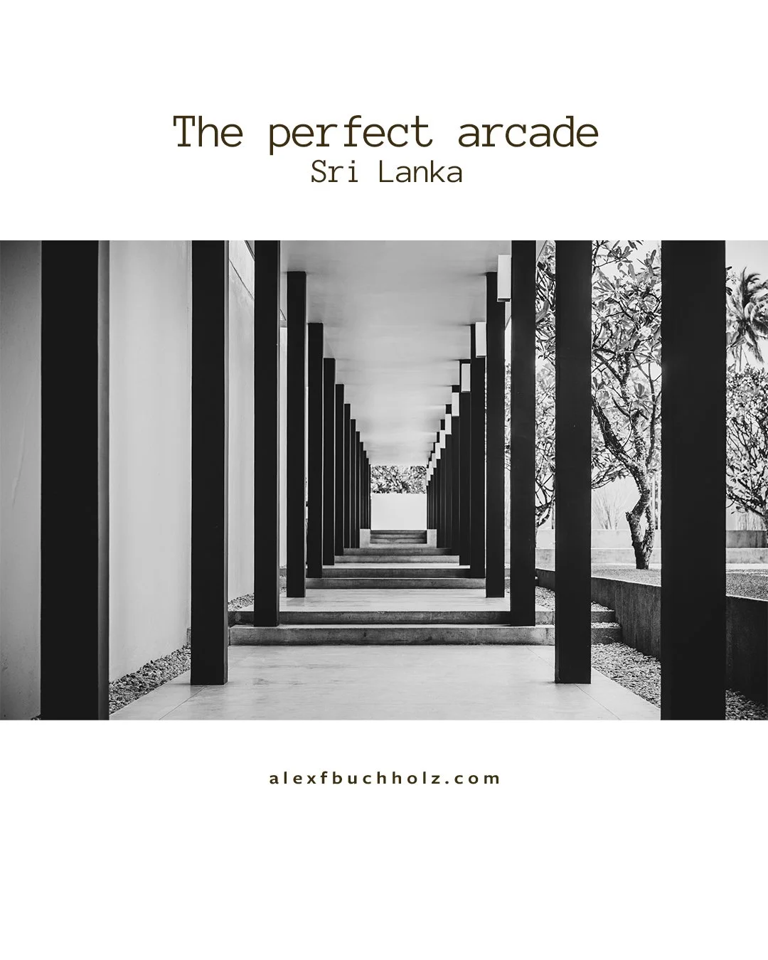 Book cover titled 'The perfect arcade Sri Lanka' with a black and white photograph of modern architectural columns forming a walkway.