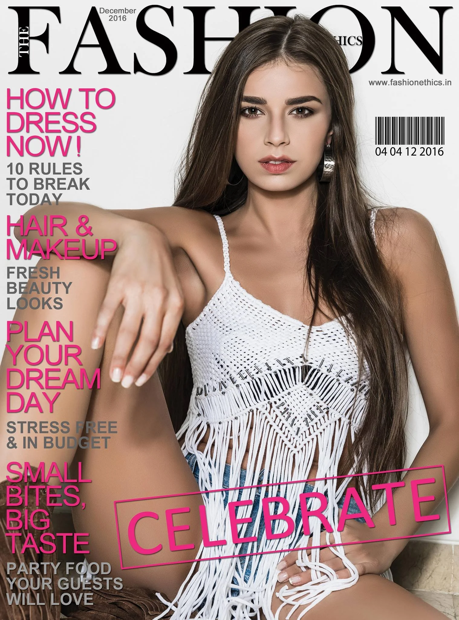 Magazine cover featuring a young woman with long brown hair wearing a white, fringed top. Text highlights articles on fashion, hair, makeup, and lifestyle topics.