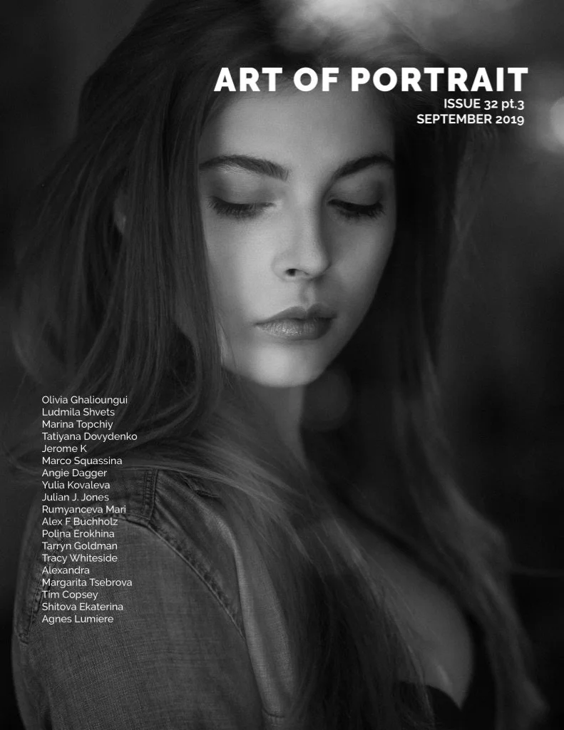 Black and white cover of 'Art of Portrait' magazine featuring a close-up of a young woman's face with eyes closed, looking contemplative, with a list of names on the left side.