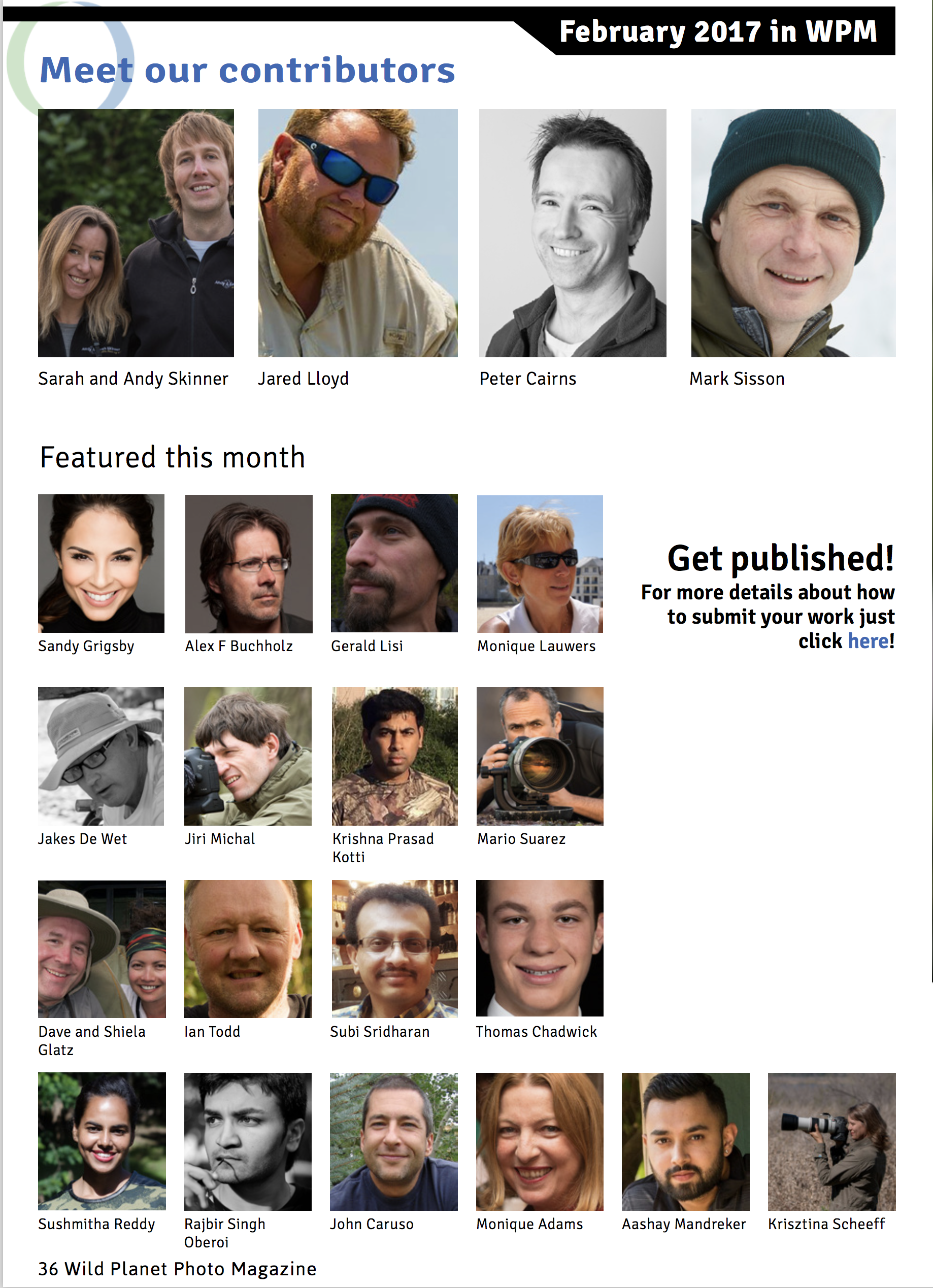 A magazine page titled 'Meet our contributors' with photos of contributors and a call to submit work, published in February 2017 by Wild Planet Photo Magazine.
