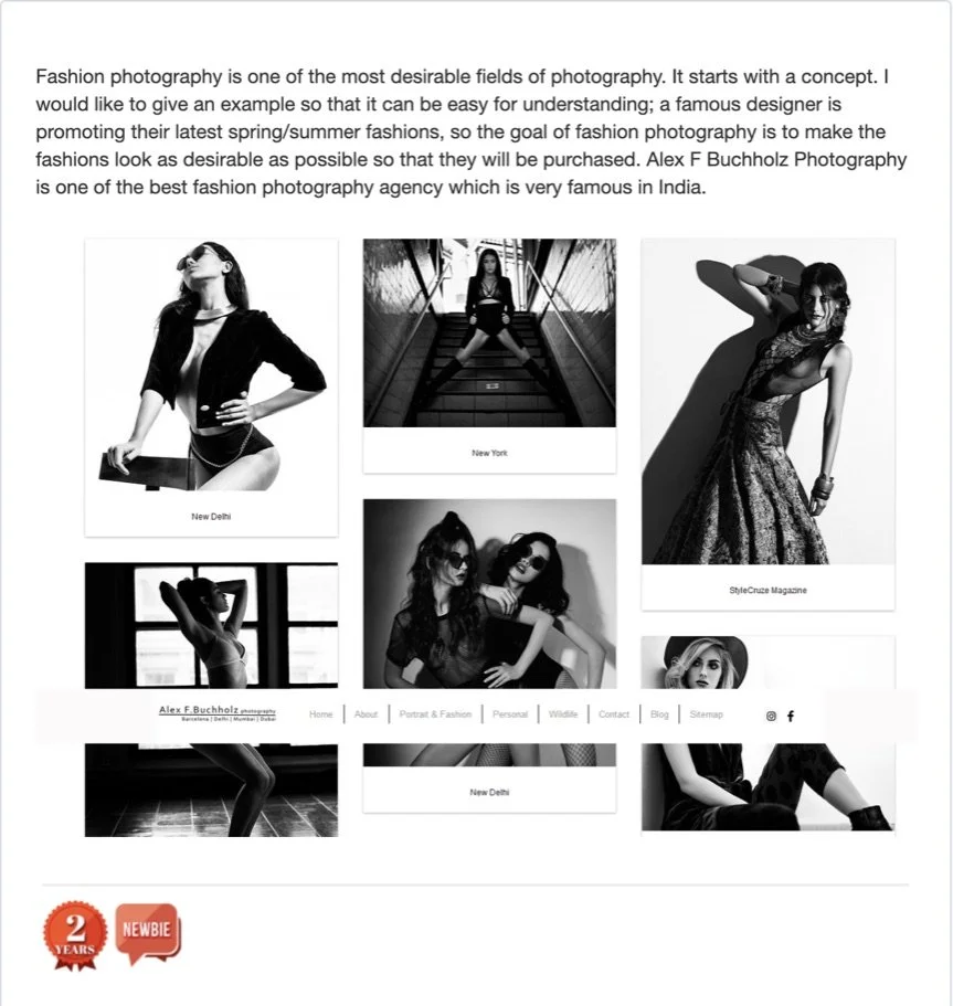 Collage of six black and white fashion photographs featuring female models in various poses and outfits, as part of an interview of Alex F Buchholz.
