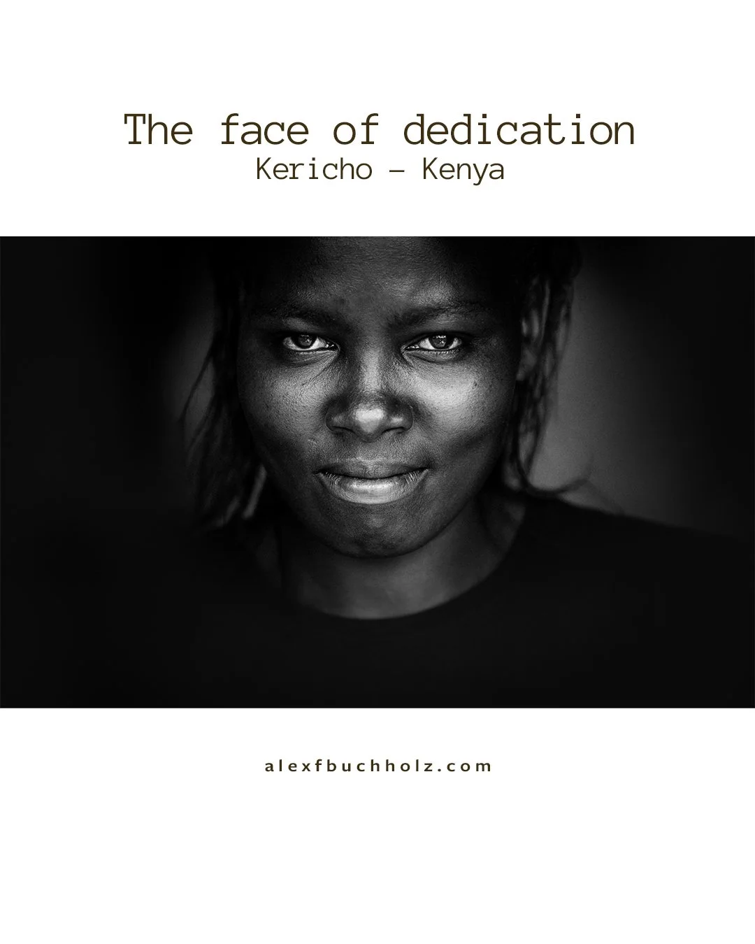 Book cover titled 'The face of dedication - Kericho - Kenya' with a black-and-white portrait of a woman with intense gaze, and the URL alexfbuchholz.com.