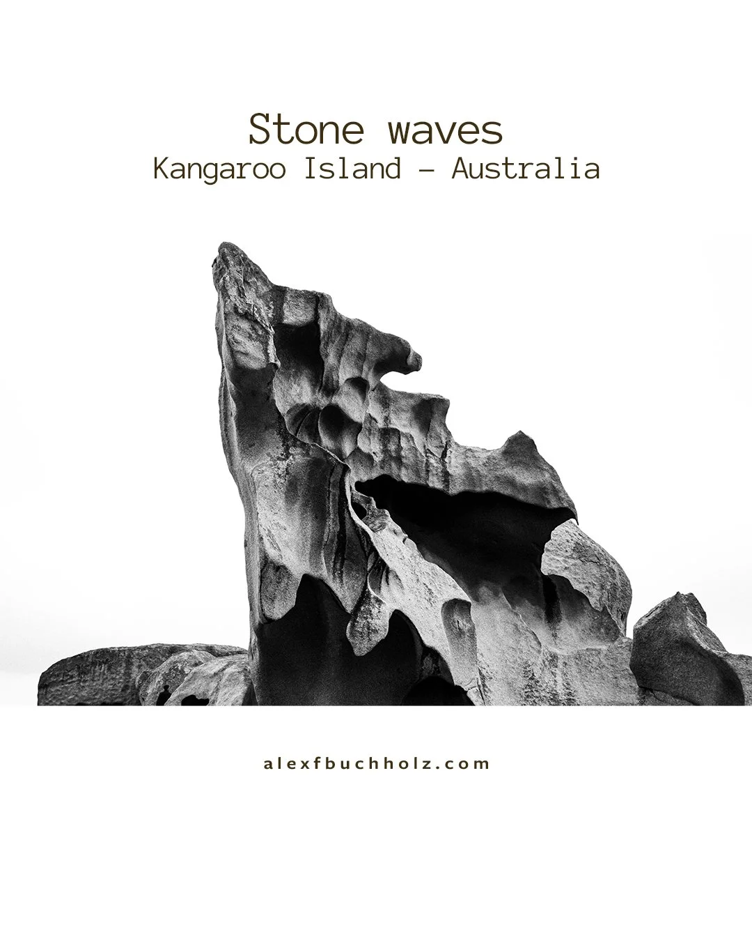 Black and white photo of a large, irregularly shaped rock formation on Kangaroo Island, Australia, with the text 'Stone waves Kangaroo Island - Australia' and a website URL at the bottom.