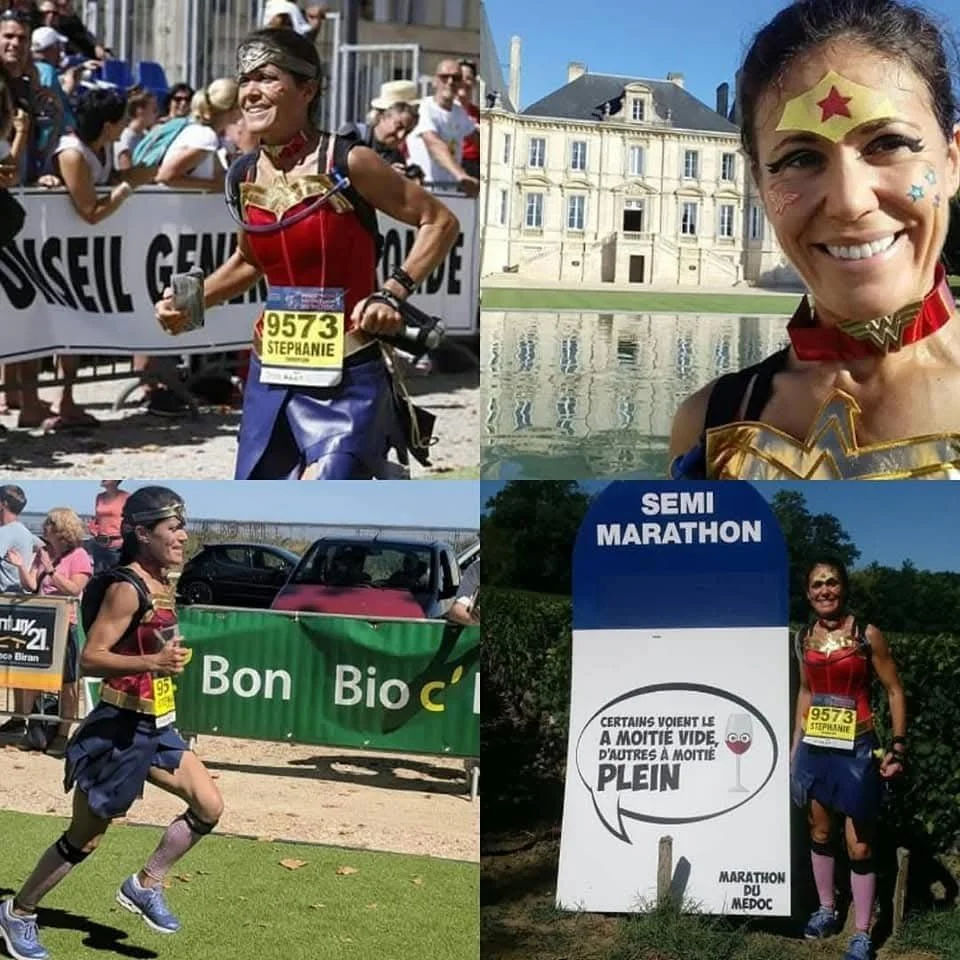 Collage of four photos of a woman dressed as Wonder Woman running a marathon