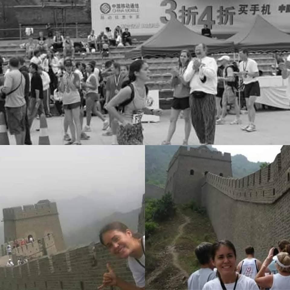 Collage of four photos at a marathon in China and the Great Wall of China