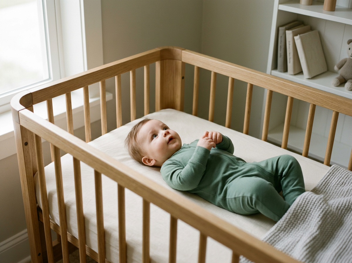 Bébé éveillé allongé sur le dos dans un lit à barreaux, sans tour de lit ni couette