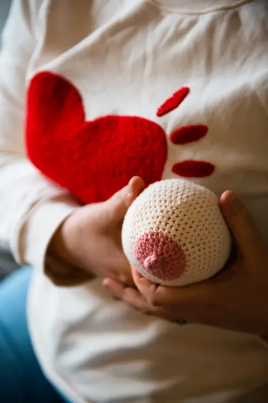 Personne tenant un sein en laine pour illustrer les gestes liée à l'allaitement maternel.