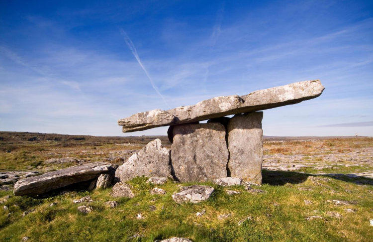 Large flat stone balanced on several upright stones forming a dolmen or ancient monument in a grassy plains landscape with clear blue sky.