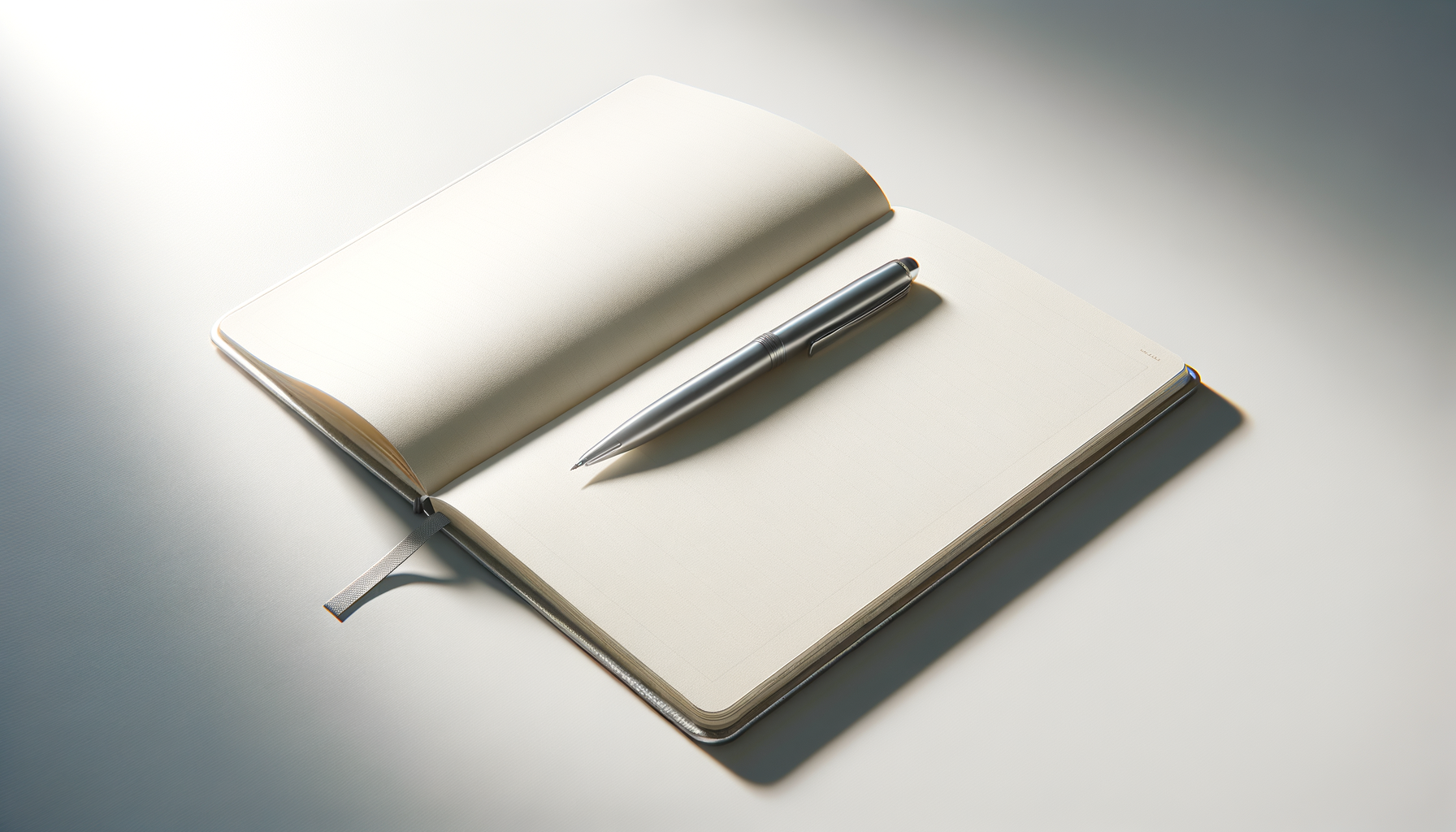 Open blank notebook with silver pen resting on the right page, on a white surface with natural light casting shadows.