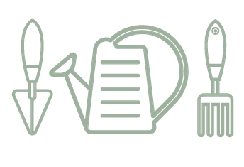 Line drawing of gardening tools including a trowel, watering can, and a garden fork.