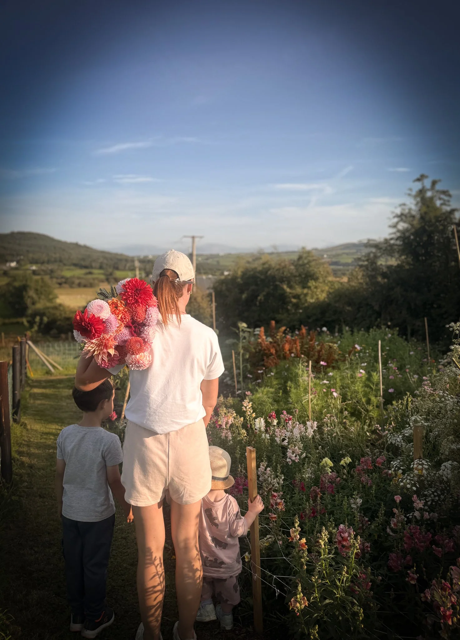 A woman and two children walking through a flower garden on a sunny day, with rolling hills and a clear blue sky in the background. The woman is holding a bouquet of large pink and red flowers.