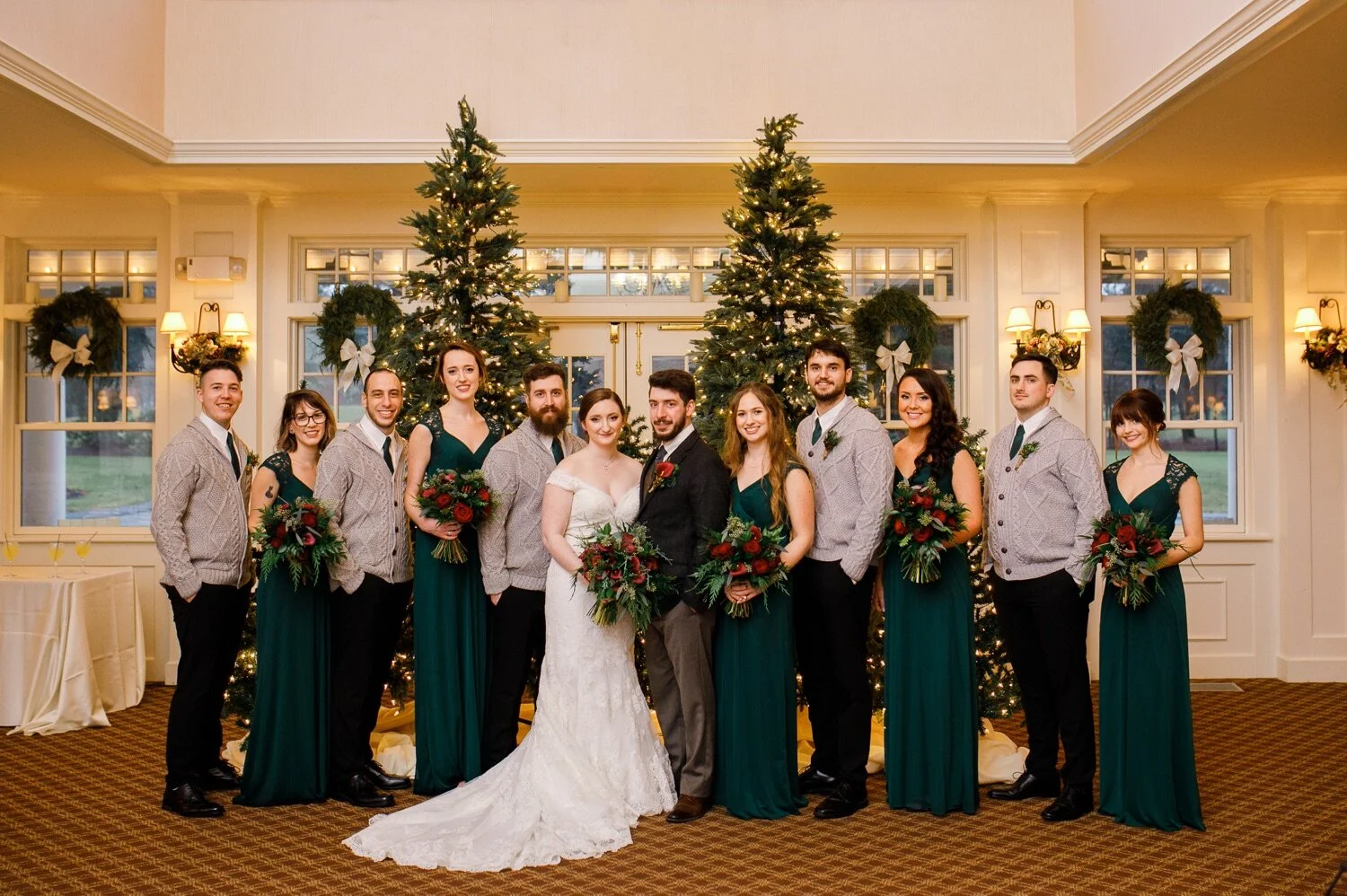 28_Full wedding party for Christmas wedding at Pinehills Golf Club in Plymouth, MA.jpg