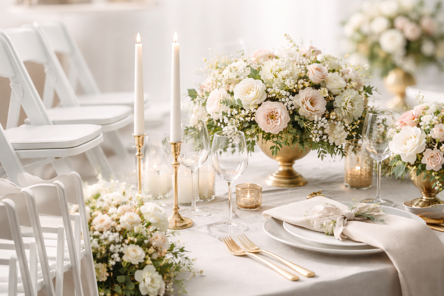 Elegant wedding table setting with large floral centerpiece, white tablecloth, gold flatware, white plates, a napkin with a floral napkin ring, and tall white candles in gold holders.