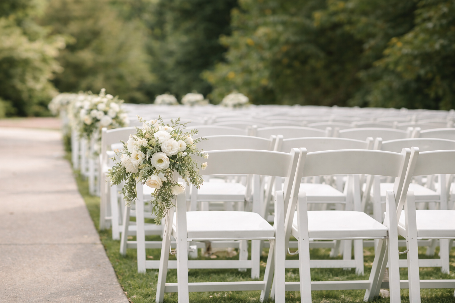 White chairs decorated with white floral arrangements set up for an outdoor wedding ceremony.