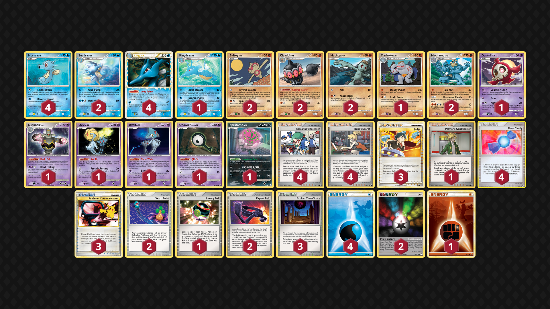 Kingdra Prime- Use multiple Kingdra to spread damage and swing for low energy cost, uses Machamp to counter SP decks