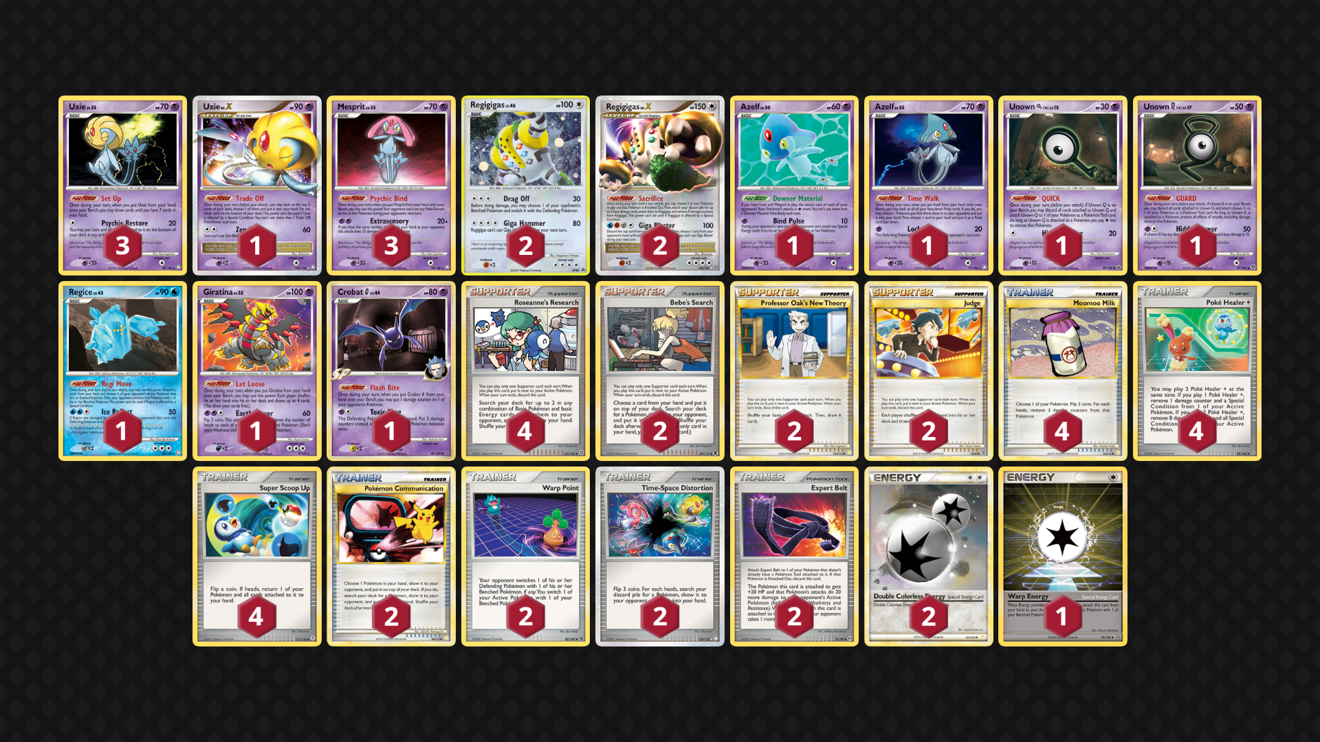 Regigigas- Big basic deck that sacrifices its own pokemon to charge up Regigigas for big damage