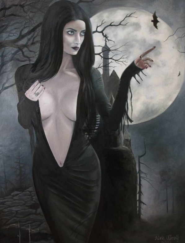 A gothic woman with long black hair and dark makeup stands in a spooky, moonlit forest with barren trees, a full moon, and flying bats.