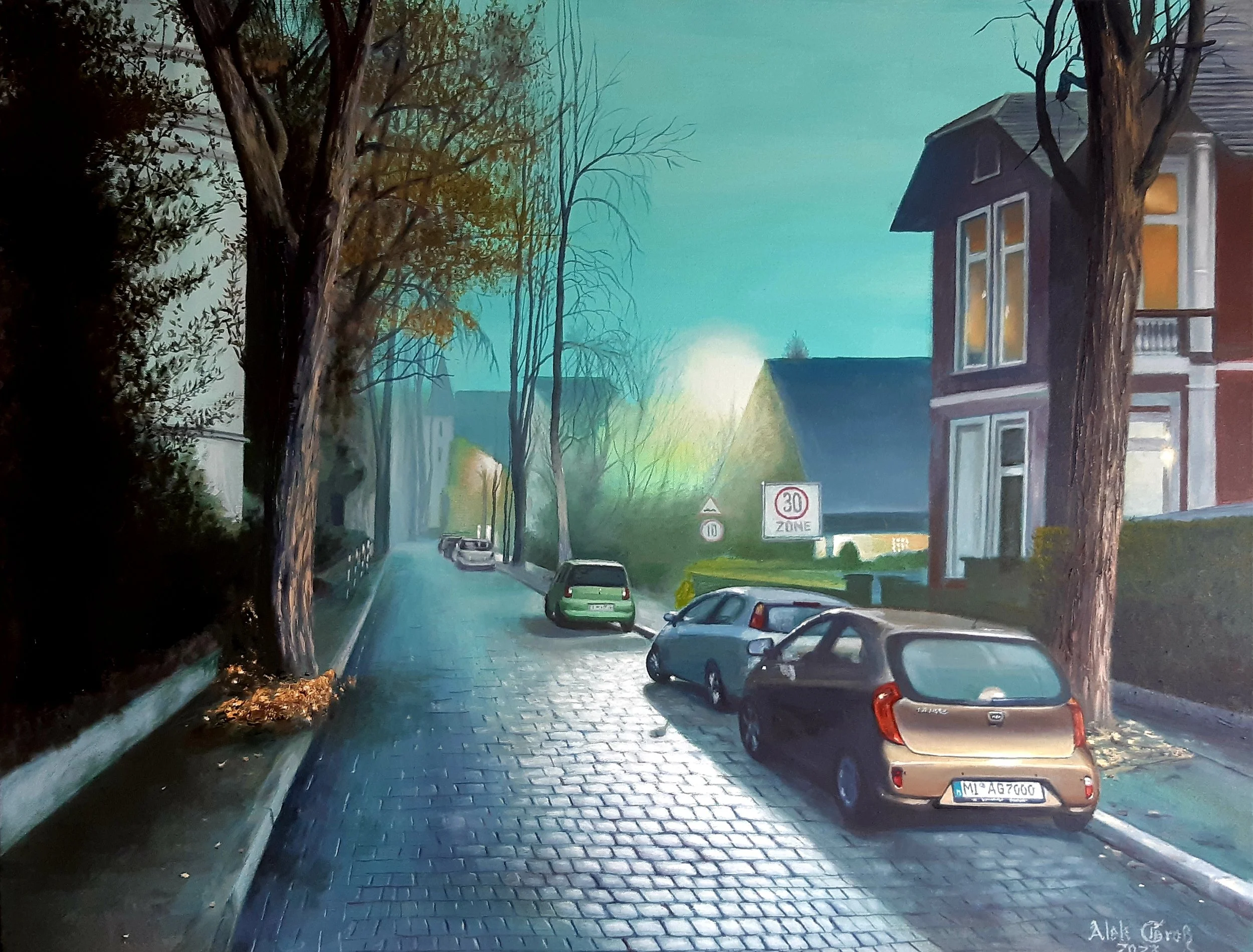Oil painting by Alek Groß titled 'Autumn Morning in a Quiet Alley'. A realistic urban landscape of a cobblestone street in Minden at dawn