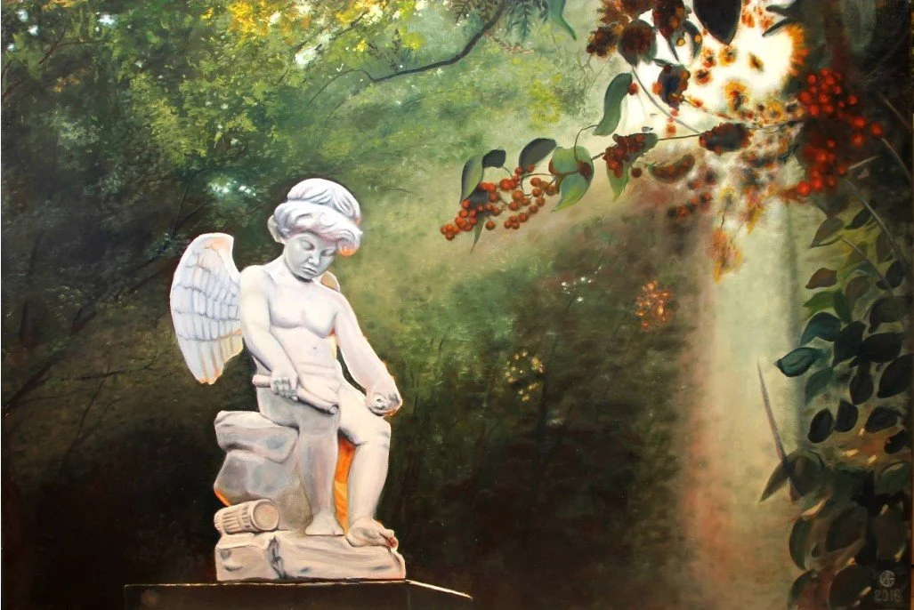 Painting of a small angel statue with wings, sitting on a stone, holding a scroll, surrounded by lush green trees and branches with red berries, sunlight streaming through the foliage.