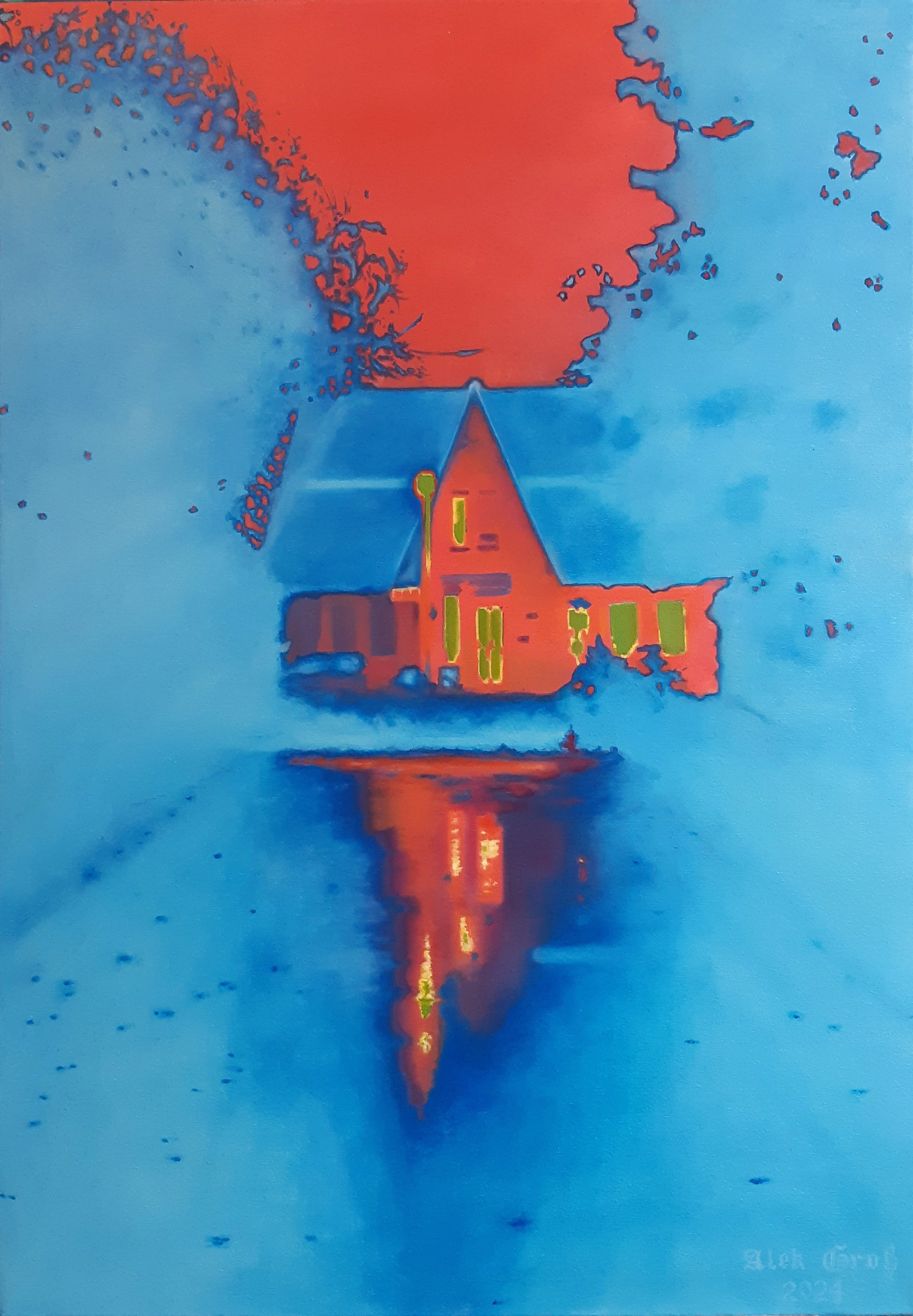 An oil painting titled 'House at the End of the Alley' by Alek Gross, featuring a vibrant red house silhouette with glowing windows reflected in a blue, atmospheric street