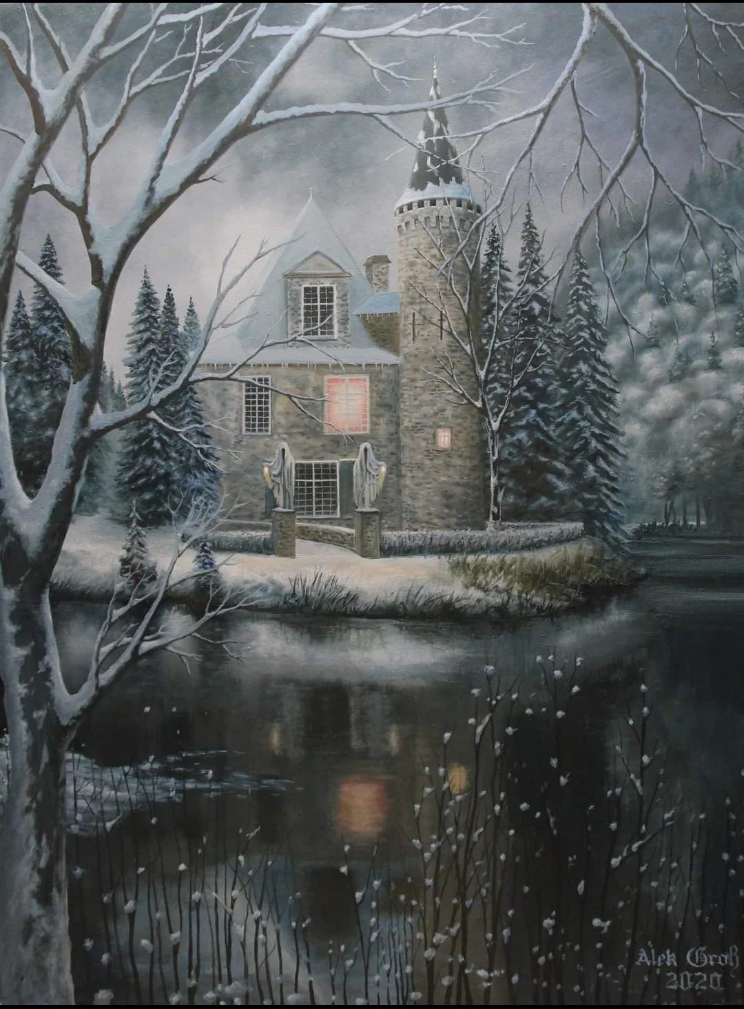 A painting of a medieval-style castle surrounded by snow-covered trees next to a calm body of water with reflections, under a cloudy sky.