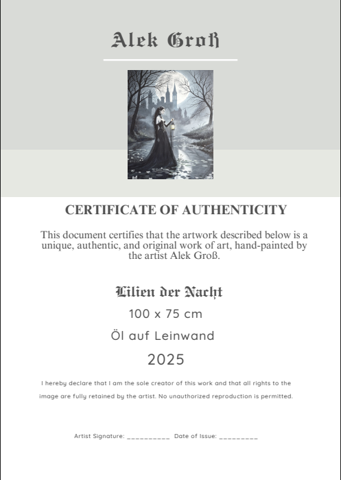 Official Certificate of Authenticity for "Lilien der Nacht" signed by Alek Groß, confirming the artwork's provenance