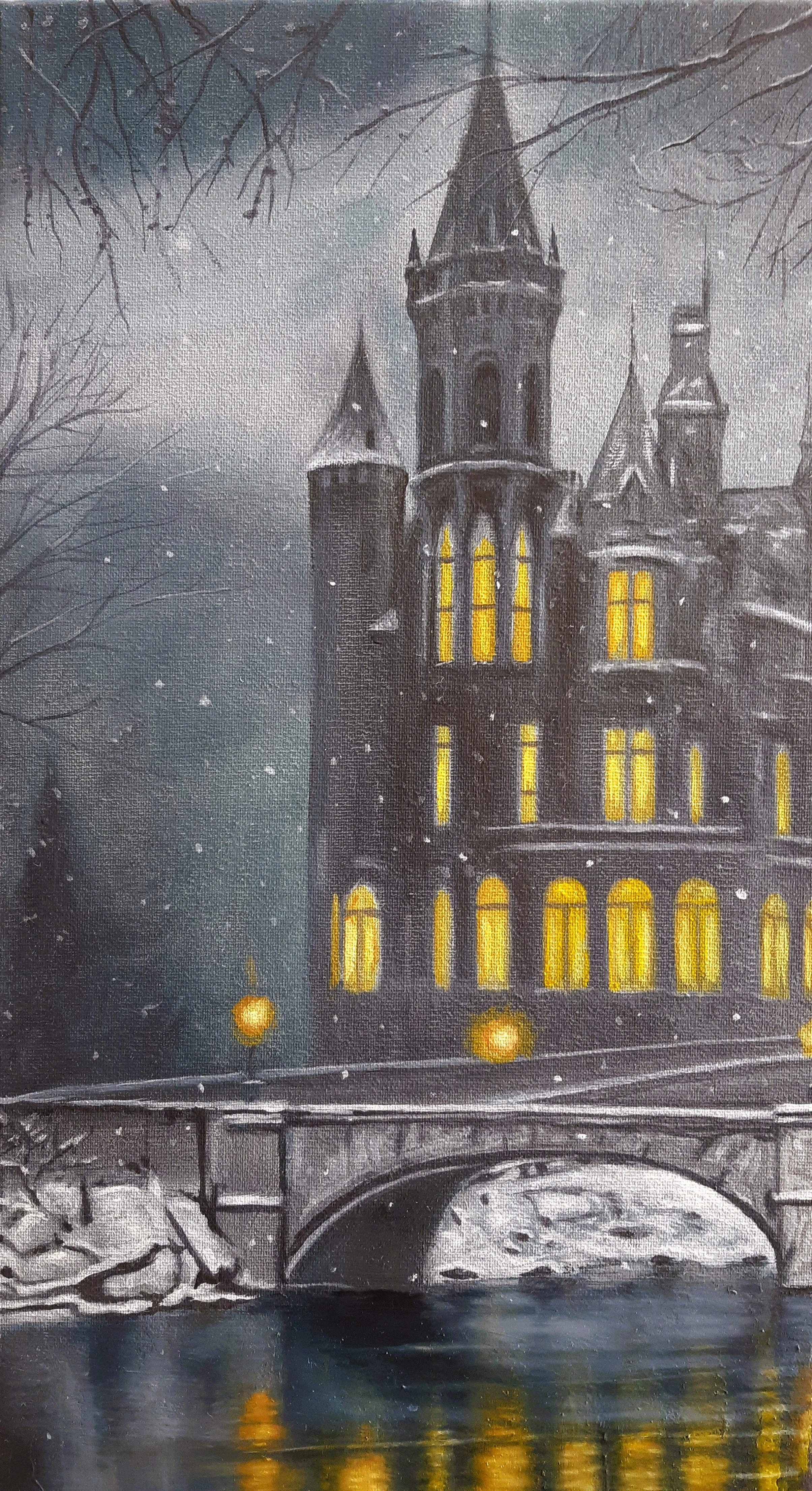 Details: Highlighting the brushwork and the glowing windows