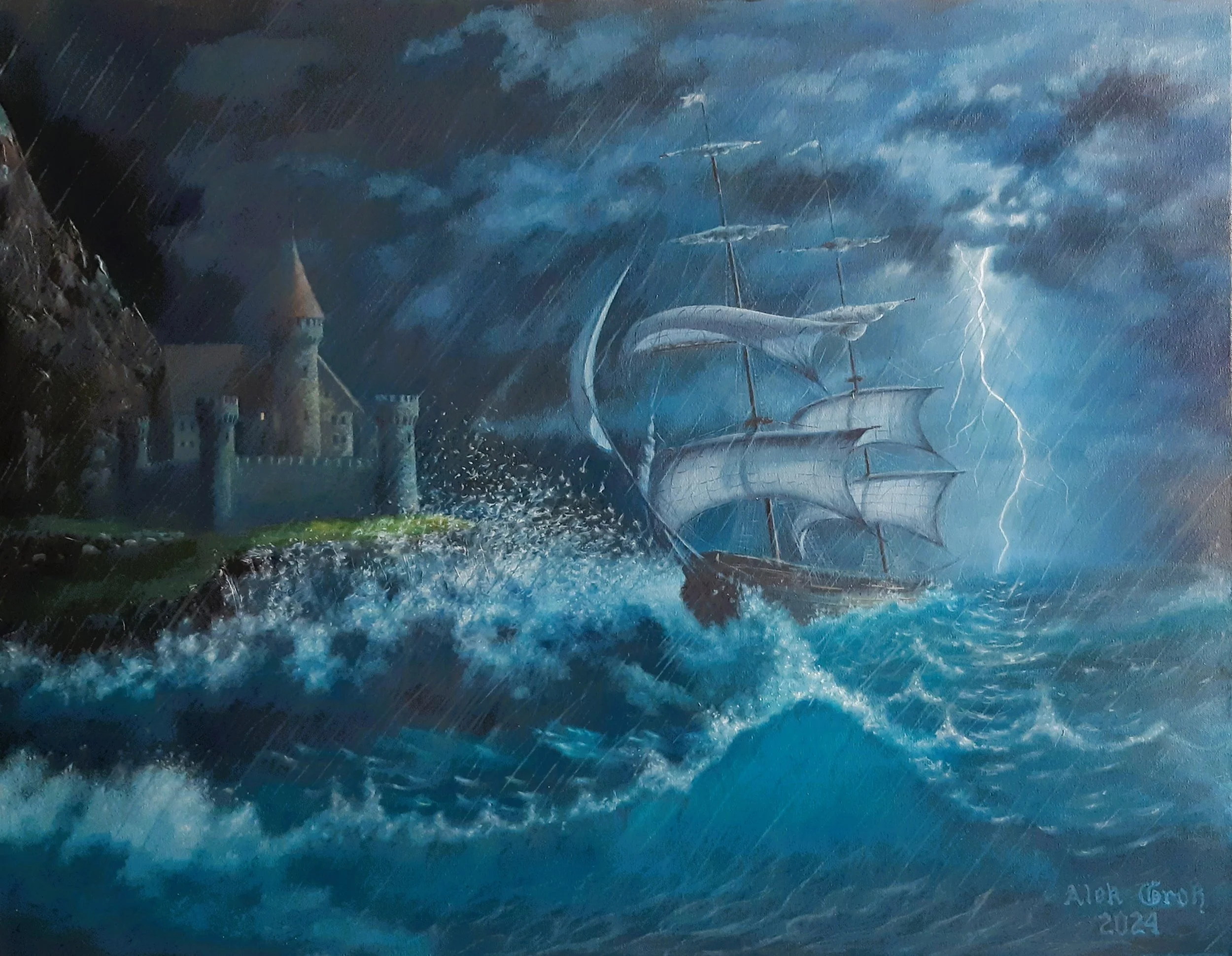 Oil painting "Im Kampf gegen die Elemente" by Alek Gross. A classic sailing ship battling high waves during a night storm with lightning and a castle on a cliff