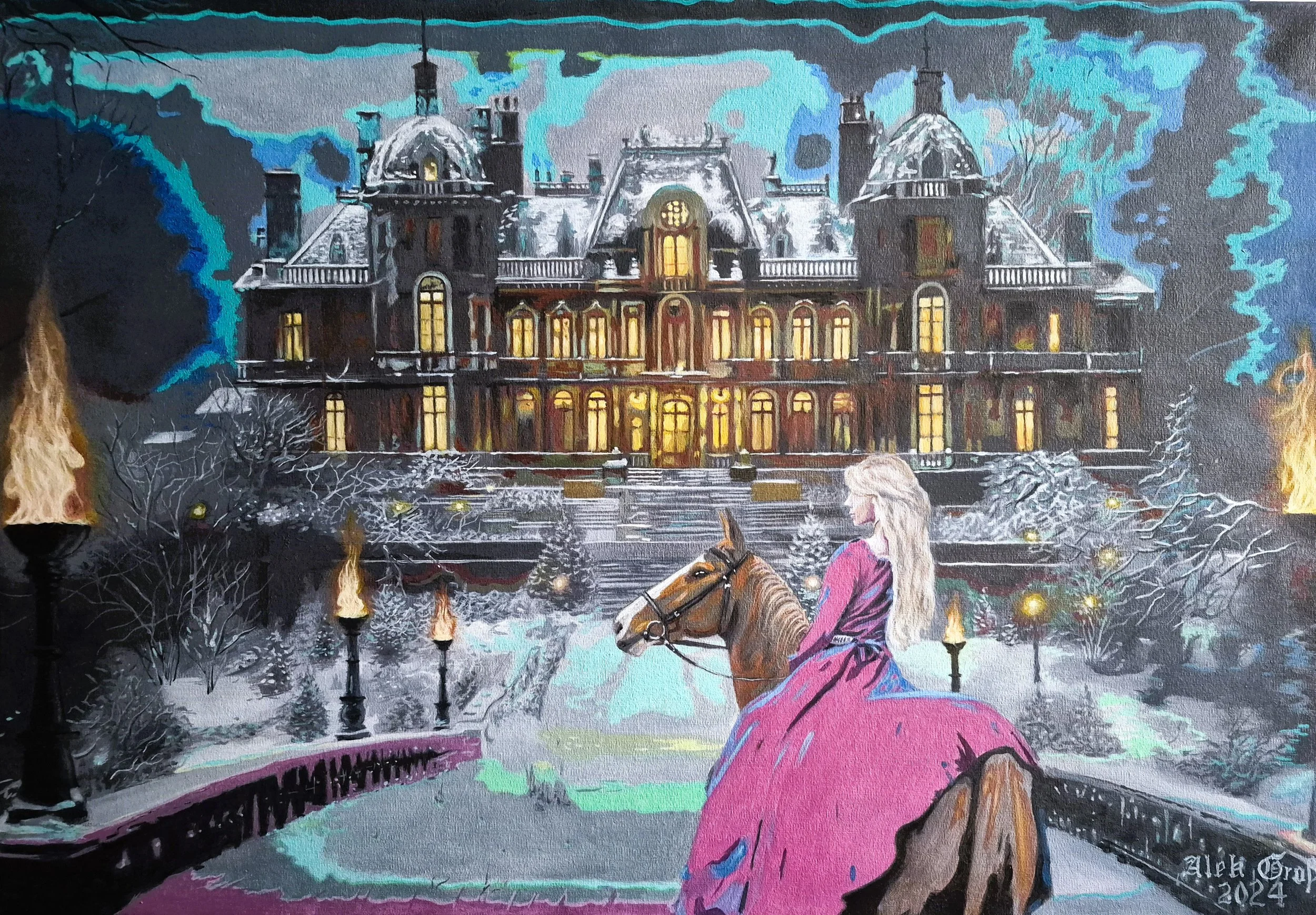 A painting of a woman in a pink dress riding a horse in front of a large, illuminated mansion with a snowy landscape, trees, and lampposts.