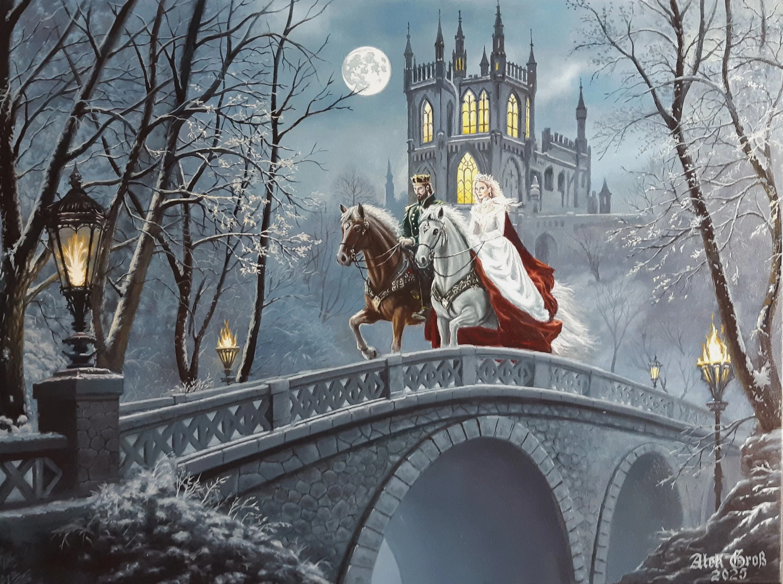 Every element of this painting serves a higher meaning. The stone bridge represents a transition—a passage from the cold shadows of the unknown toward the warm, divine light of the cathedral