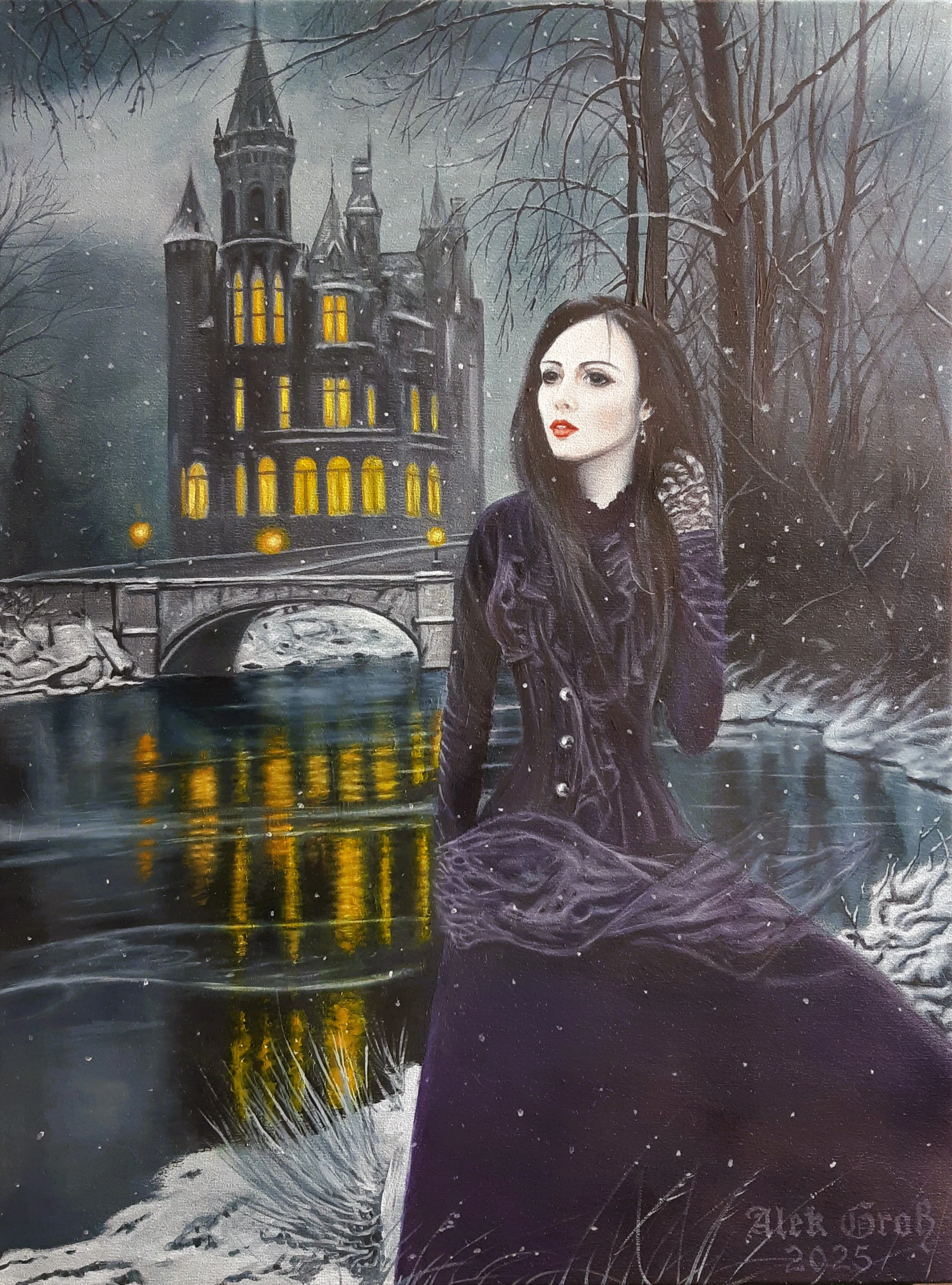 A captivating gothic oil painting featuring a woman in a dark Victorian dress standing by a frozen river. In the background, a majestic castle with glowing yellow windows illuminates the snowy night. Bare winter trees and a stone bridge add to the my