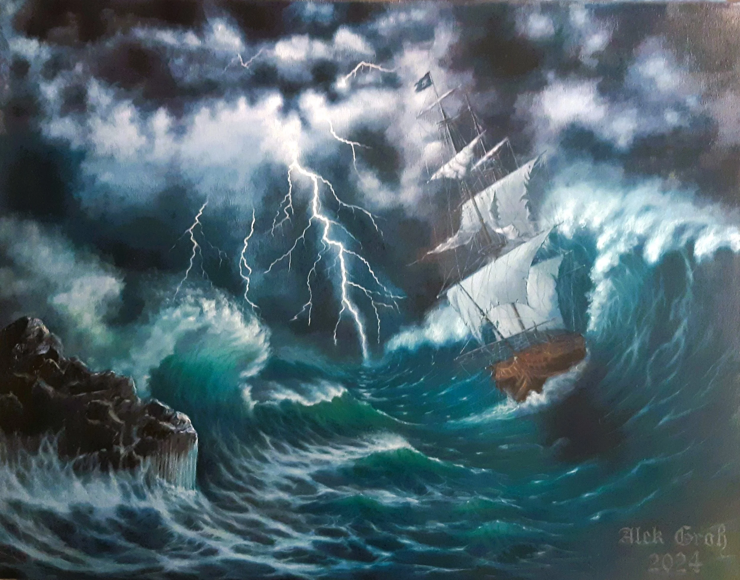 Dramatic oil painting of a tall ship caught in a violent ocean storm with lightning strikes and massive waves, titled "...and the Wind Rips the Shreds of Sails" by Alek Groß