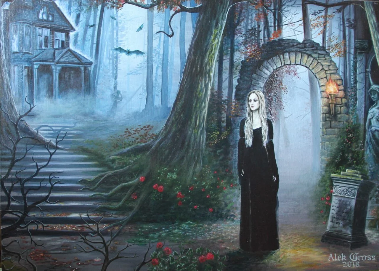 A spooky forest scene with a girl in a long black dress standing under an archway next to a statue. The background features a large abandoned house, bats flying, and a misty atmosphere.