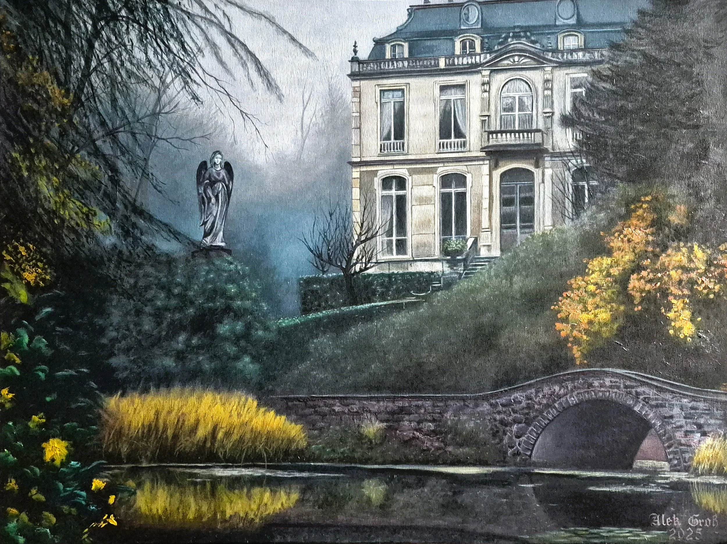 Painting of a large Victorian-style house with tall windows and ornate details, surrounded by trees and shrubs with autumn foliage. A stone bridge over a waterway is at the bottom, with a peaceful, foggy atmosphere.