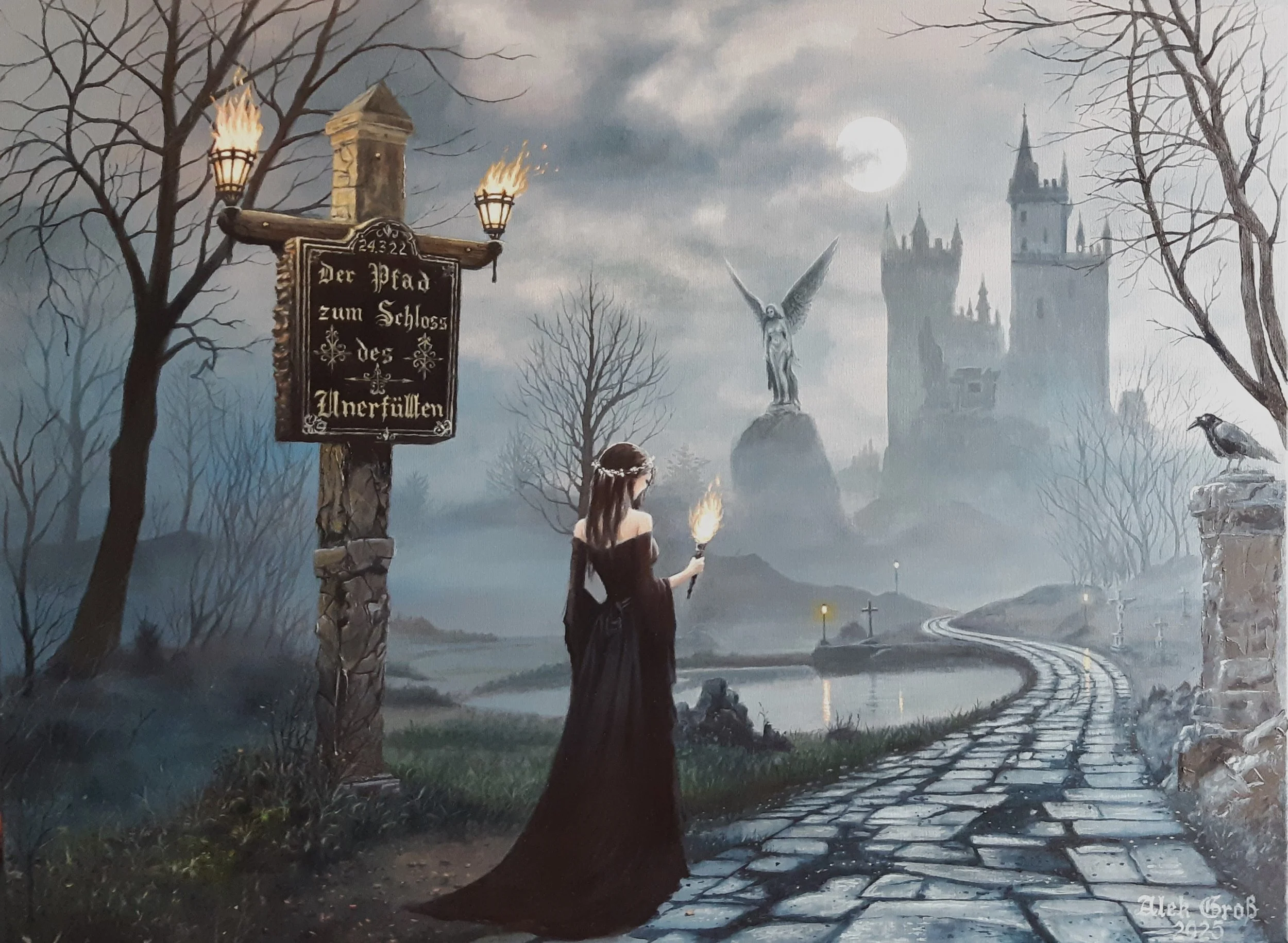 A woman dressed in black holding a torch walking along a stone path towards a castle at night, with barren trees, a gothic statue, a raven on a stone pillar, and a full moon in the background.  Dünstere Kunst von Alek Groß, Deutschland.