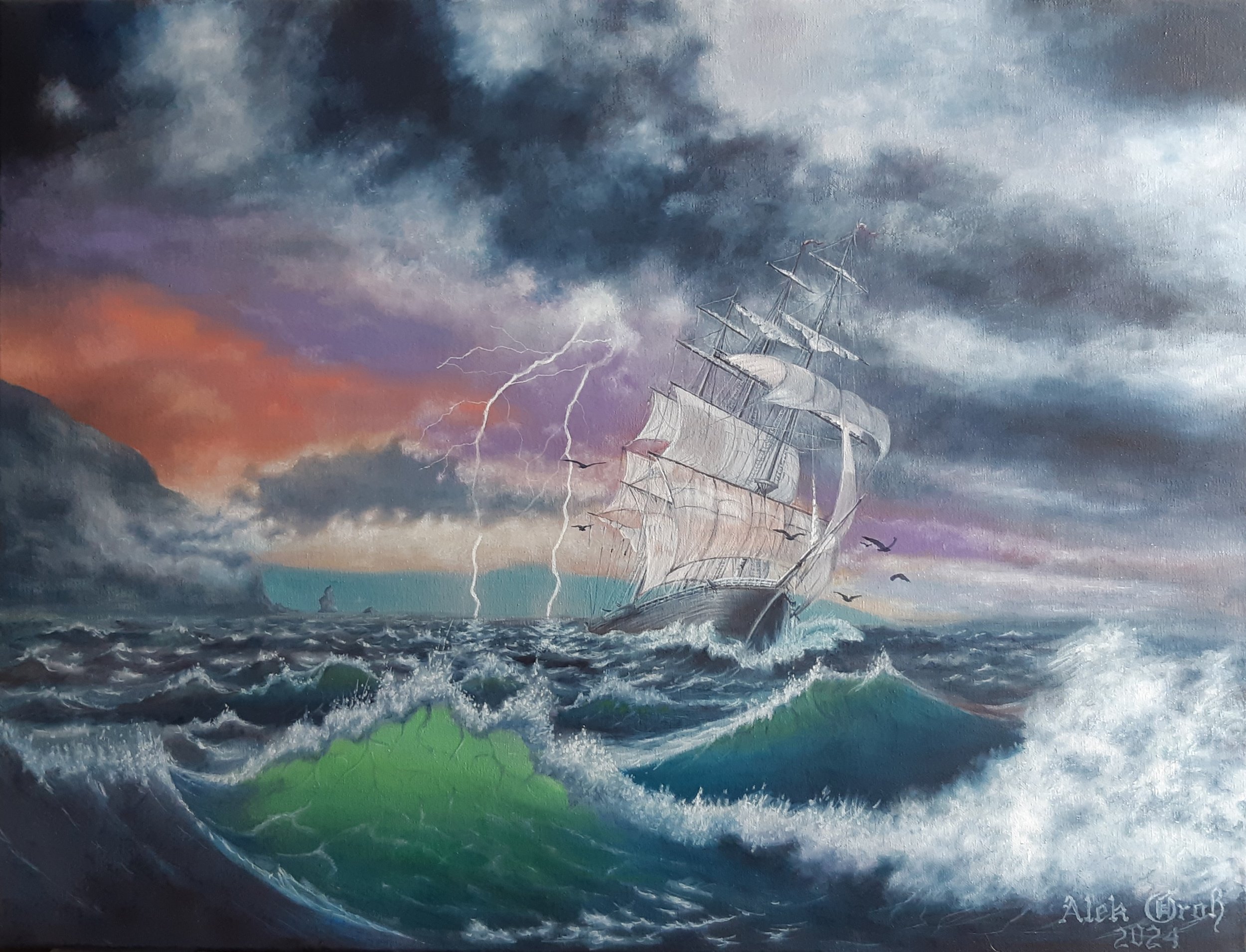 "Harbingers of the Storm" is a powerful oil painting that captures the raw energy of the ocean.