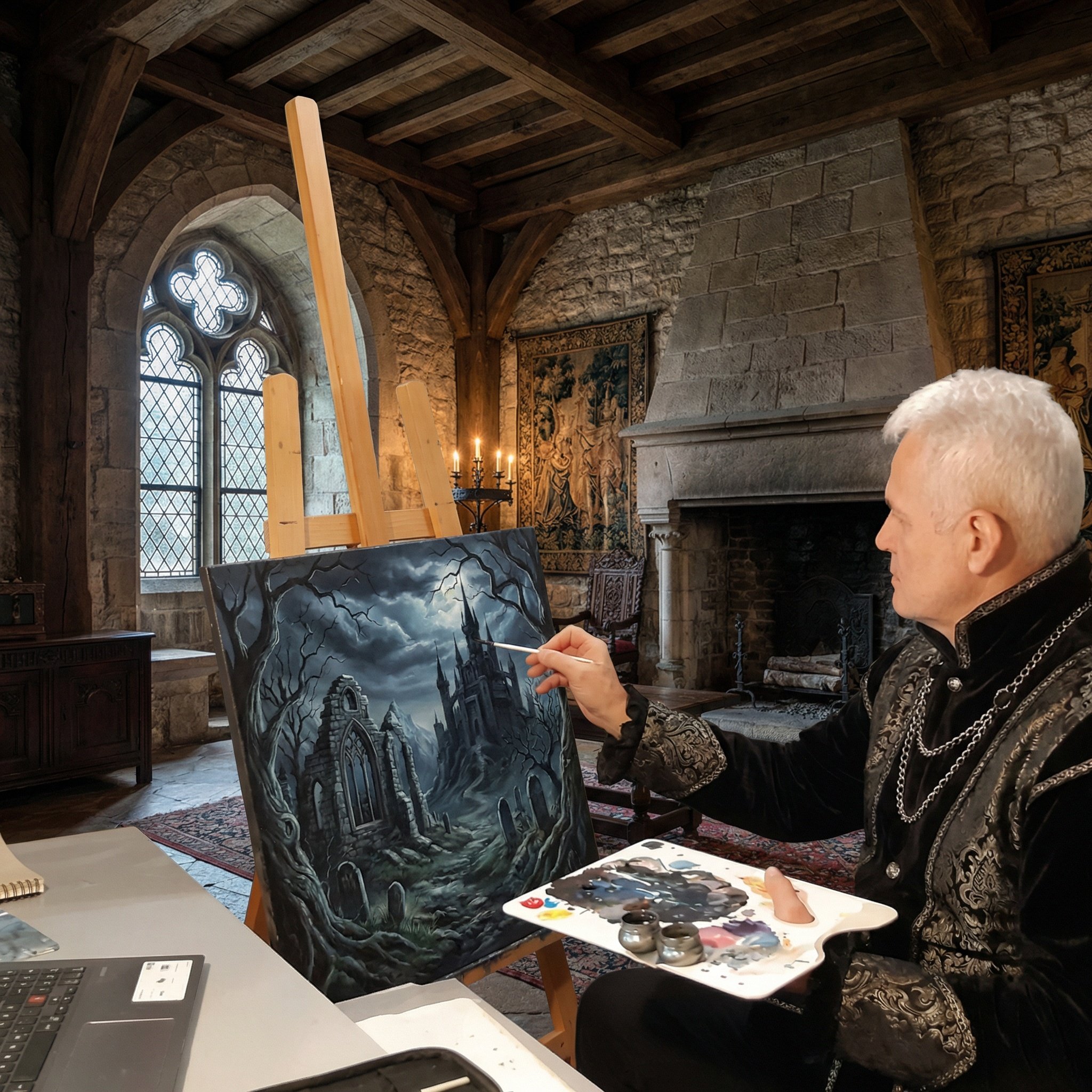 Artist Alek Groß in his gothic studio, painting a mystical dark castle in oil on canvas
