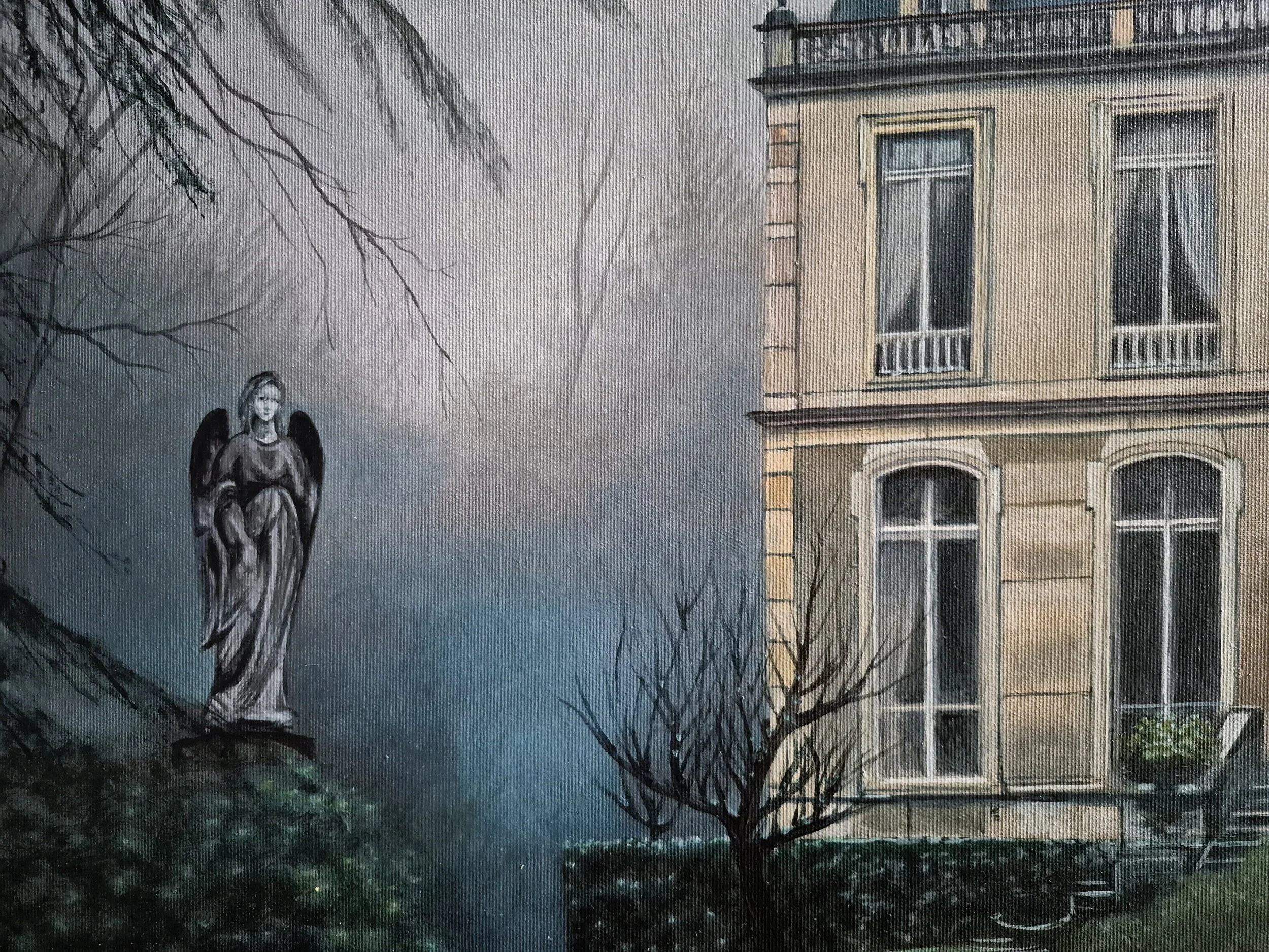 The Manor: Soft light illuminating the architectural facade through the fog.